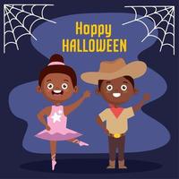 Lycklig halloween text med barn i maskera vektor