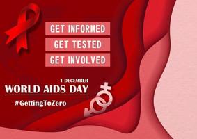 rotes Band, der Name, Slogan der Veranstaltung mit abstrakter Form auf Weltkarte und rotem Hintergrund. Kampagnenplakat zum Welt-Aids-Tag im Schichtpapierschnittstil und Vektordesign. vektor