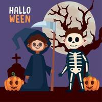 halloween-schriftzug mit schnitter und skelett vektor