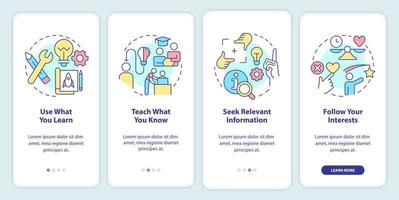 praktisk inlärning tekniker onboarding mobil app skärm. genomgång 4 steg redigerbar grafisk instruktioner med linjär begrepp. ui, ux, gui mall. vektor