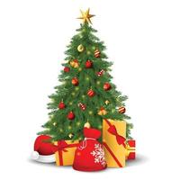 tanne mit dekorationen, geschenken und weihnachtsmütze vektor