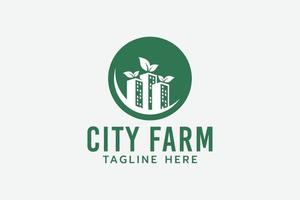 urban farm logo mit einer kombination aus gebäuden, stadtbild und pflanzen vektor