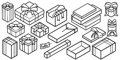 Handzeichnung des Geschenkbox-Doodle-Sets isoliert auf weißem Hintergrund. vektor