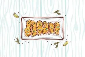 friterad kyckling illustration med citron- skivor och örter på en trä- mönster bakgrund. snabb mat kyckling guldklimp maträtt ritad för hand vektor design topp se