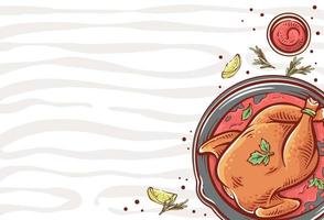 Brathähnchen-Tellerillustration mit einer Zitronenscheibe und einer Draufsicht des Krauts. Restaurant Hühnerfleisch handgezeichnetes Vektordesign