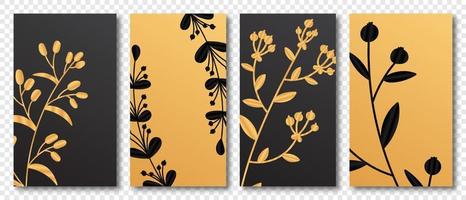 uppsättning av tropisk omslag design med bär gren och gyllene löv. Semester svart och guld mönster. vektor illustration