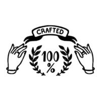 100 procent vektor logotyp - en årgång handgjort bricka med händer och band i stämpel stil. årgång vektor illustration.