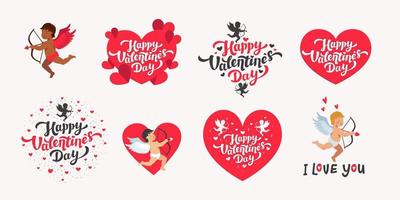 Lycklig valentine s dag vektor uppsättning. kärlek dag citat och text med hjärtan och cupids vit bakgrund. vektor illustration.
