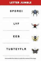 Lernspiel für Kinder Buchstaben-Wirrwarr Schreiben Sie den richtigen Namen für das Arbeitsblatt zum Ausdrucken des Käfers vektor