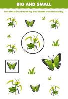 Bildungsspiel für Kinder Ordnen Sie nach Größe groß oder klein, indem Sie Kreis und Quadrat des niedlichen Cartoon-Mantis-Schmetterlingsgrases zum Ausdrucken des Käfer-Arbeitsblatts zeichnen vektor