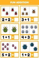 utbildning spel för barn roligt tillägg förbi räkning och belopp av söt tecknad serie nyckelpiga tryckbar insekt kalkylblad vektor