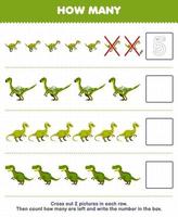 Bildungsspiel für Kinder Zählen Sie, wie viele niedliche Cartoon-grüne Dinos sind, und schreiben Sie die Zahl in das druckbare prähistorische Dinosaurier-Arbeitsblatt vektor