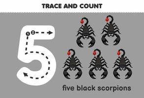 Lernspiel für Kinder Spaß beim Zählen von fünf schwarzen Skorpionen druckbares Fehler-Arbeitsblatt vektor