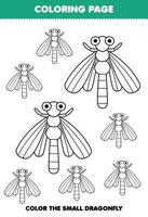 Bildungsspiel für Kinder zum Ausmalen Großes oder kleines Bild der niedlichen Cartoon-Libelle Strichzeichnungen druckbares Fehler-Arbeitsblatt vektor