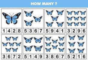 utbildning spel för barn räkning på vilket sätt många söt tecknad serie fjäril i varje tabell tryckbar insekt kalkylblad vektor