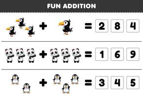 Lernspiel für Kinder Spaß Addition durch Erraten der richtigen Anzahl von niedlichen Cartoon-Tukan-Panda-Pinguin-Tier-Arbeitsblatt zum Ausdrucken vektor
