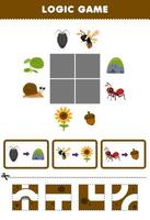 utbildning spel för barn logik pussel bygga de väg för lus bi myra flytta till sten solros och nöt tryckbar insekt kalkylblad vektor