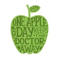 ett äpple en dag håller de läkare bort, hand skissat text typografi slogan. grön äpple illustration vektor