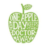 ett äpple en dag håller de läkare bort, hand skissat text typografi slogan. grön äpple illustration vektor
