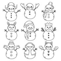 Vektor-Doodle-Satz von Feiertagen Schneemann. lustige schneemänner in verschiedenen kostümen isoliert. weihnachtsneujahrssatz für design. vektor