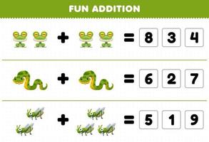 Lernspiel für Kinder Spaß Addition durch Erraten der richtigen Anzahl von niedlichen Cartoon-Frosch Schlange Heuschrecke druckbares Tier-Arbeitsblatt vektor