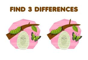 utbildning spel för barn hitta tre skillnader mellan två söt tecknad serie kokong larv och fjäril tryckbar insekt kalkylblad vektor