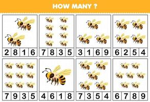 Lernspiel für Kinder, die zählen, wie viele niedliche Cartoon-Bienen in jedem druckbaren Fehler-Tabellenarbeitsblatt sind vektor