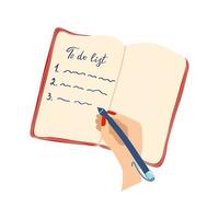 Person schreibt eine Aufgabenliste in Tagebuch. Tagesablauf, Planung. Schreibe Arbeitsaufgaben in ein Notizbuch. flache handgezeichnete Vektorillustration. vektor