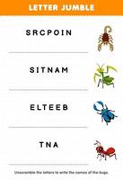utbildning spel för barn brev virrvarr skriva de korrekt namn för söt tecknad serie scorpion bönsyrsa skalbagge myra tryckbar insekt kalkylblad vektor