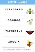 Lernspiel für Kinder Buchstaben-Wirrwarr Schreiben Sie den richtigen Namen für niedliches Cartoon-Libelle-Kokon-Schmetterling-Zikaden-Druckbares Fehler-Arbeitsblatt vektor
