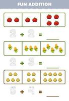 Lernspiel für Kinder Spaßzusatz durch Zählen und Verfolgen der Anzahl der niedlichen Cartoon-Tomaten-Mais-Kartoffel-Druck-Gemüse-Arbeitsblätter vektor