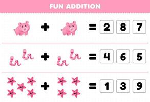Lernspiel für Kinder Spaß Addition durch Erraten der richtigen Anzahl von niedlichen Cartoon-Schwein-Wurm-Seesternen Arbeitsblatt zum Ausdrucken von Tieren vektor
