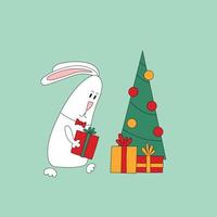 Kaninchensymbol 2023. Kaninchen mit Weihnachtsbaum und Geschenken vektor
