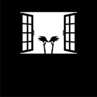 svart gam fågel på de fönster silhuett. kuslig, Skräck, skrämmande, mysterium, eller brottslighet illustration. illustration för Skräck film eller halloween affisch design element. vektor illustration
