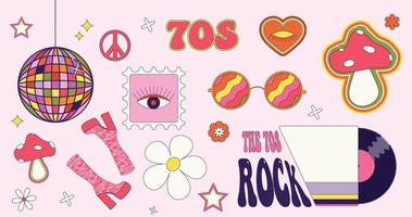 grooviges 70er-Vektor-Sticker-Set. Discokugel, hohe Stiefel, Friedenszeichen, Pilze, Hippies, Schallplatte und runde Gläser. vektor