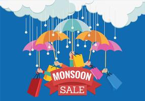 Vector Sale Banner für Monsun-Jahreszeit mit den Händen und Regenschirm