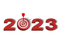 röd pil träffa till Centrum av dartboard mellan siffra. ny år 3d mål och mål med symbol av 2023. företag Framgång, investering mål, finansiell strategi, ändamål prestation vektor begrepp.