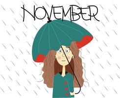 november söt flicka. regnig dag vektor illustration. kalender