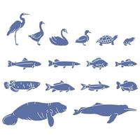 satz von meer- und ozeanunterwassertieren. süße Wasserschildkröten, Wale, Narwale, Delfine und bunte Fische. kindlich gefärbte flache Cartoon-Vektor-Illustration isoliert auf weißem Hintergrund vektor