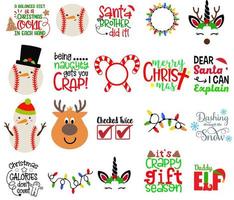 glad jul. rådjur, lampa, enhörning, typografi uppsättning. vektor logotyp, emblem, text design. användbar för banderoller, hälsning kort, gåvor etc.