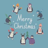 jul cirkel av söt tecknad serie Lycklig rolig pingviner med värma kläder väntar för högtider. vinter- vektor illustration för barn skriva ut med glad jul text.