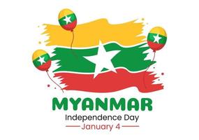 Feiern des Unabhängigkeitstags von Myanmar am 4. Januar mit Fahnen in flacher, handgezeichneter Schablonenillustration des Cartoon-Hintergrunds vektor