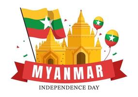 feiert den unabhängigkeitstag von myanmar am 4. januar mit flaggen in flacher hand gezeichneter schablonenillustration des karikaturhintergrundes vektor