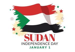 sudanesischer unabhängigkeitstag am 1. januar mit flaggen und sudanesischem nationalfeiertag in flacher hand gezeichneter schablonenillustration des karikaturhintergrundes vektor