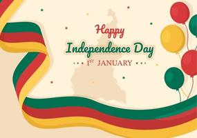 glücklicher kamerunischer unabhängigkeitstag am 1. januar mit kamerunischer flagge und gedenkfeiertag in flacher hand gezeichneter schablonenillustration der karikatur vektor