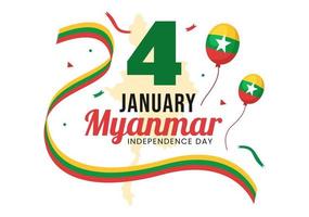 feiert den unabhängigkeitstag von myanmar am 4. januar mit flaggen in flacher hand gezeichneter schablonenillustration des karikaturhintergrundes vektor