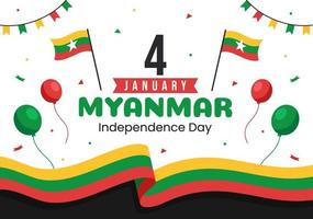 feiert den unabhängigkeitstag von myanmar am 4. januar mit flaggen in flacher hand gezeichneter schablonenillustration des karikaturhintergrundes vektor