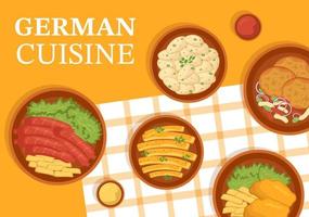 tysk mat restaurang med samling av utsökt kök traditionell och drycker i platt tecknad serie hand dragen mallar illustration vektor