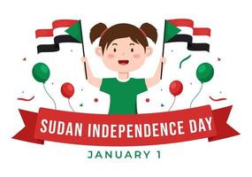 unabhängigkeitstag des sudan am 1. januar mit kleinen kindern, die die sudanesische flagge in der hand gezeichneten schablonenillustration des flachen karikaturhintergrundes tragen vektor