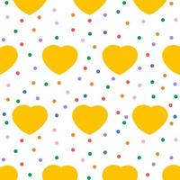 söt sömlös mönster med hand dragen gul hjärtan, ljus färgrik poäng. hjärtan och polka punkt. hjärtans dag bakgrund. festlig mönster för tyg, textil, tapeter, gåva, omslag papper vektor